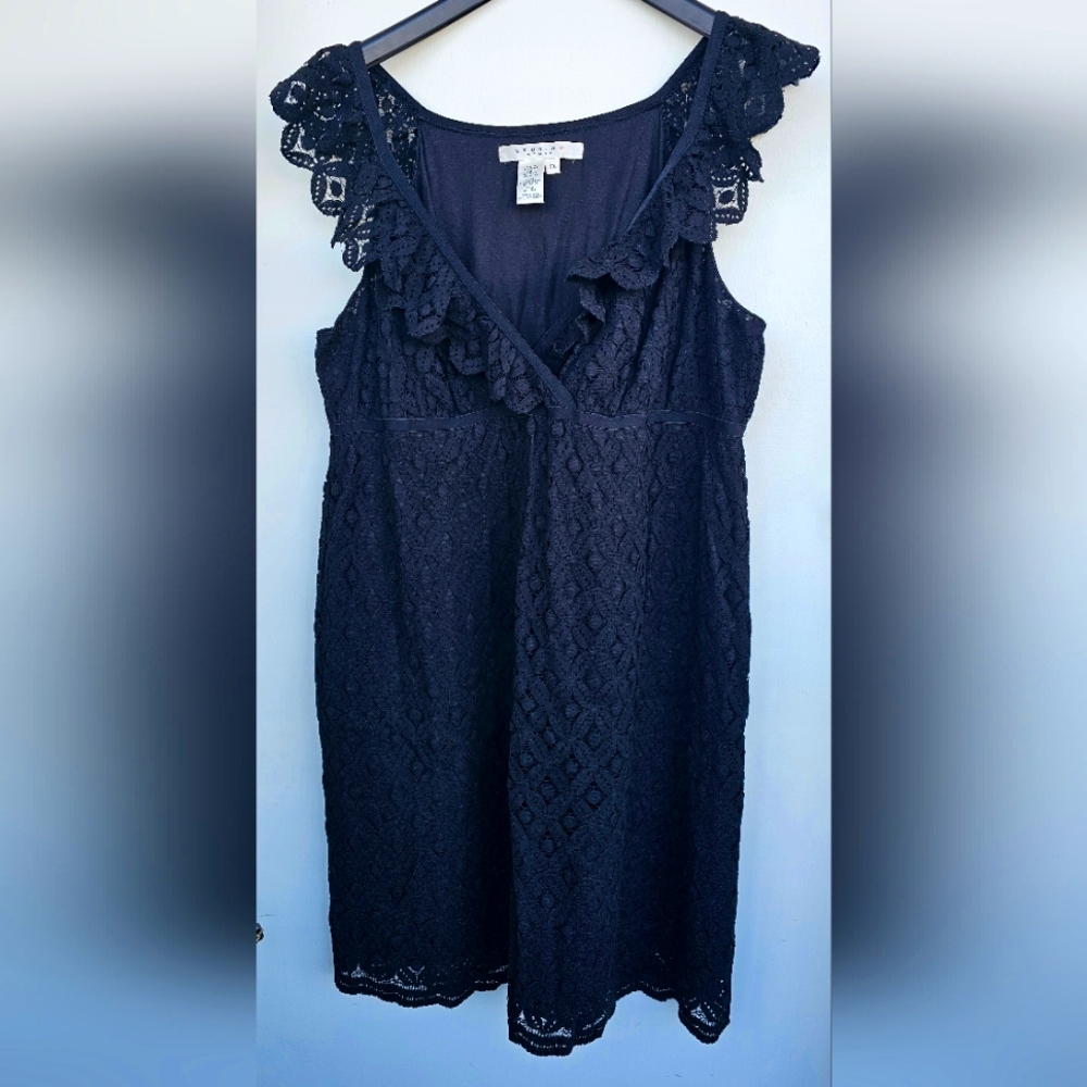 Studio M "Carya" Black Open Cut Work Lace Dress Empire Waist Size 2X.     B-42